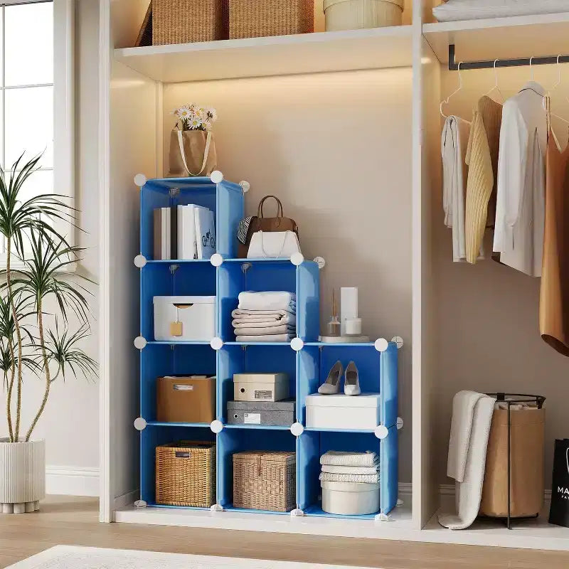 Meuble de rangement 9 cubes en PVC, Étagère modulaire facile à monter pour chambre et salon, Bleu