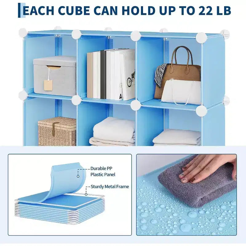 Meuble de rangement 9 cubes en PVC, Étagère modulaire facile à monter pour chambre et salon, Bleu