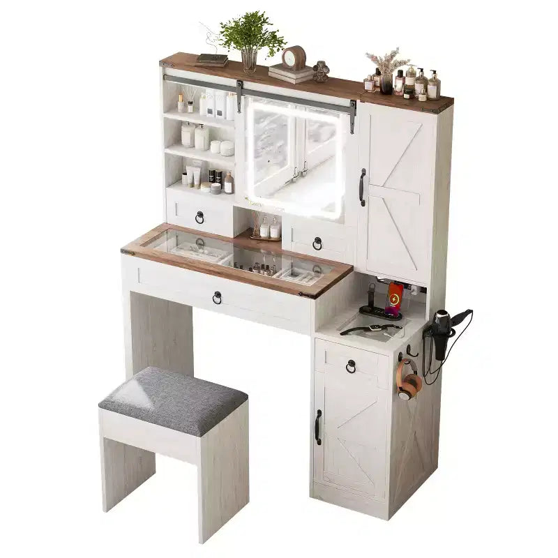 MAYEERTY Coiffeuse avec Miroir Coulissant Plateau en Verre Station de Charge 4 Tiroirs 2 Armoires Tabouret pour Chambre Blanc