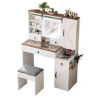 MAYEERTY Coiffeuse avec Miroir Coulissant Plateau en Verre Station de Charge 4 Tiroirs 2 Armoires Tabouret pour Chambre Blanc