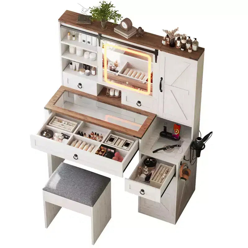MAYEERTY Coiffeuse avec Miroir Coulissant Plateau en Verre Station de Charge 4 Tiroirs 2 Armoires Tabouret pour Chambre Blanc