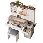 MAYEERTY Coiffeuse avec Miroir Coulissant Plateau en Verre Station de Charge 4 Tiroirs 2 Armoires Tabouret pour Chambre Blanc
