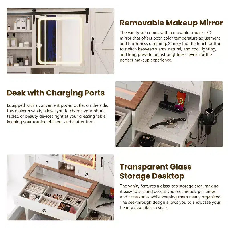 MAYEERTY Coiffeuse avec Miroir Coulissant Plateau en Verre Station de Charge 4 Tiroirs 2 Armoires Tabouret pour Chambre Blanc