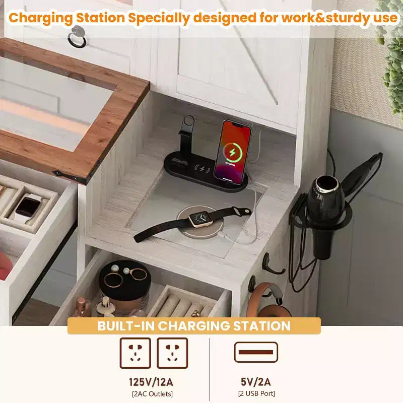 MAYEERTY Coiffeuse avec Miroir Coulissant Plateau en Verre Station de Charge 4 Tiroirs 2 Armoires Tabouret pour Chambre Blanc