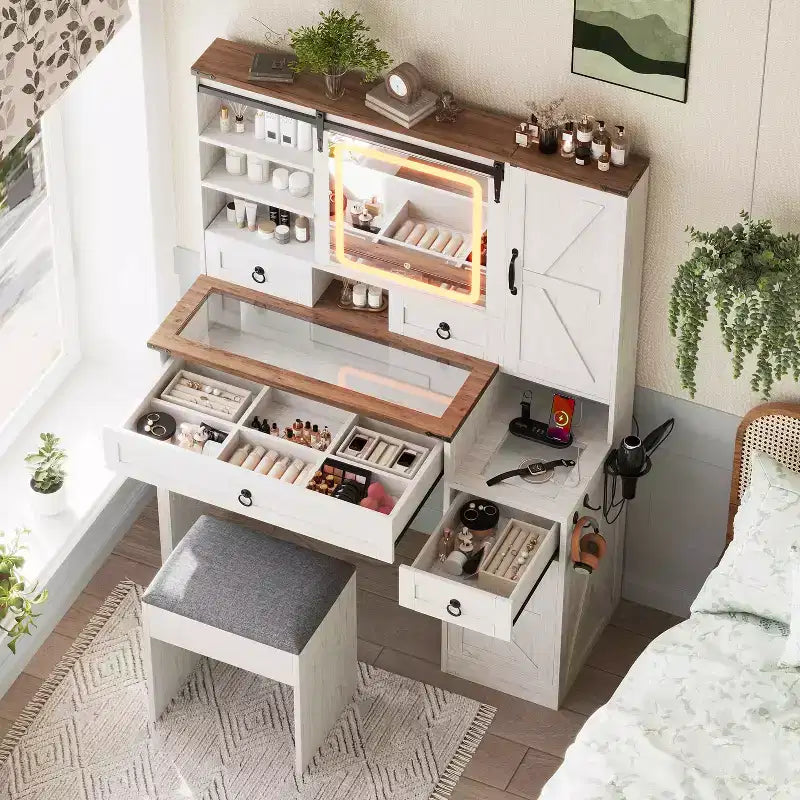 MAYEERTY Coiffeuse avec Miroir Coulissant Plateau en Verre Station de Charge 4 Tiroirs 2 Armoires Tabouret pour Chambre Blanc
