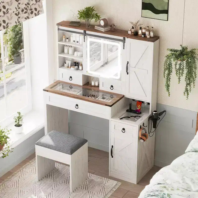 MAYEERTY Coiffeuse avec Miroir Coulissant Plateau en Verre Station de Charge 4 Tiroirs 2 Armoires Tabouret pour Chambre Blanc