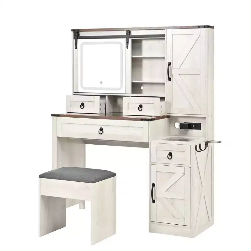 MAYEERTY Coiffeuse avec Miroir Coulissant Plateau en Verre Station de Charge 4 Tiroirs 2 Armoires Tabouret pour Chambre Blanc