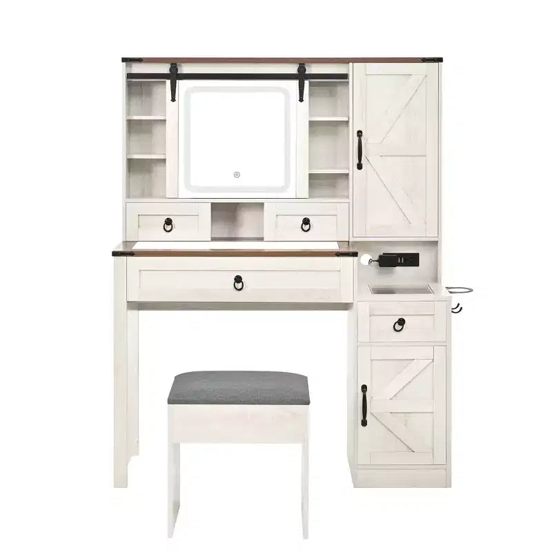 MAYEERTY Coiffeuse avec Miroir Coulissant Plateau en Verre Station de Charge 4 Tiroirs 2 Armoires Tabouret pour Chambre Blanc