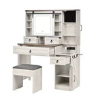 MAYEERTY Coiffeuse avec Miroir Coulissant Plateau en Verre Station de Charge 4 Tiroirs 2 Armoires Tabouret pour Chambre Blanc