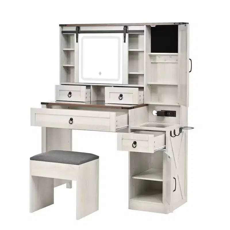 MAYEERTY Coiffeuse avec Miroir Coulissant Plateau en Verre Station de Charge 4 Tiroirs 2 Armoires Tabouret pour Chambre Blanc