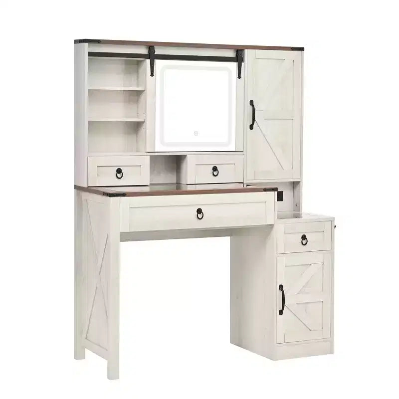 MAYEERTY Coiffeuse avec Miroir Coulissant Plateau en Verre Station de Charge 4 Tiroirs 2 Armoires Tabouret pour Chambre Blanc