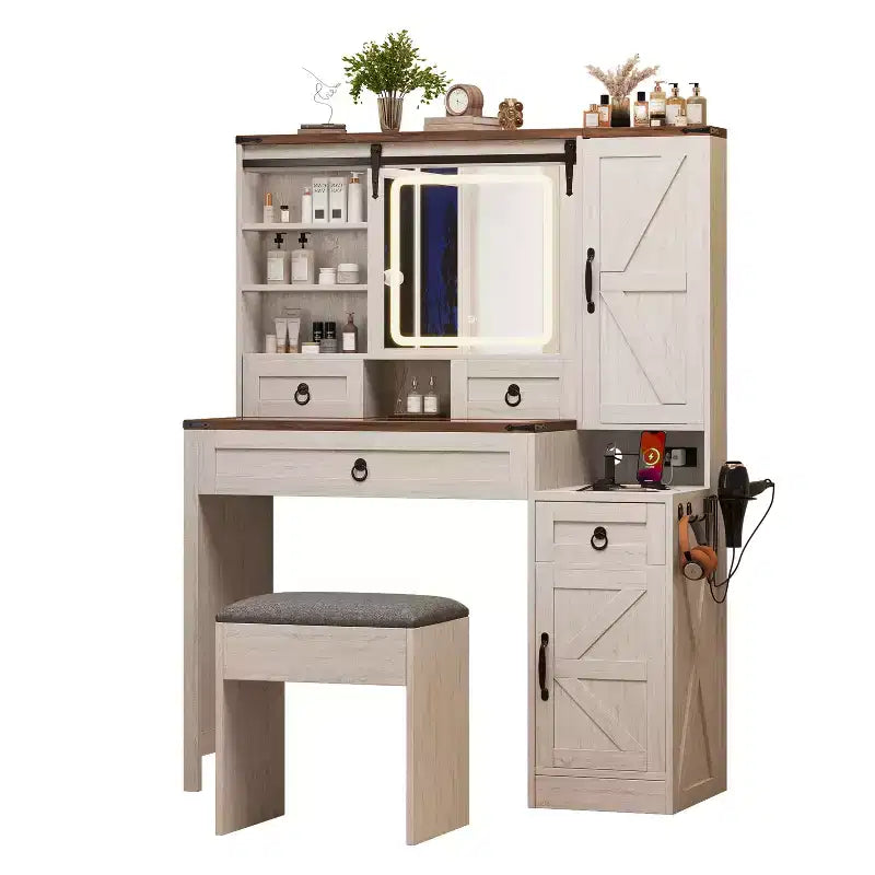 MAYEERTY Coiffeuse avec Miroir Coulissant Plateau en Verre Station de Charge 4 Tiroirs 2 Armoires Tabouret pour Chambre Blanc