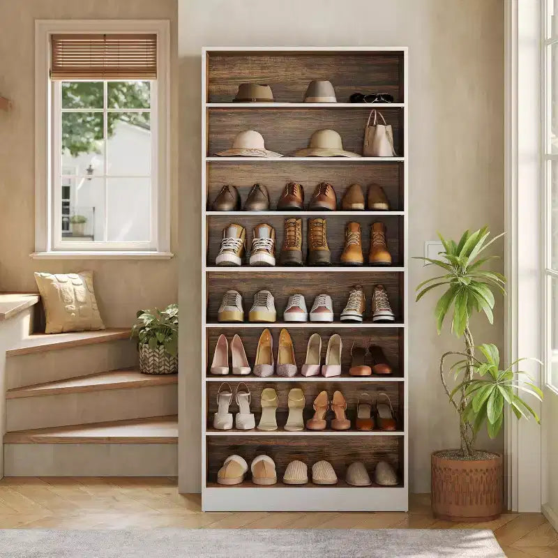 Lantine 9-Tier Shoe Cabinet for 32 Pairs, Tall Wooden Shoe Rack with Adjustable Shelves for Living Room, Bedroom, Entryway, Brown & White