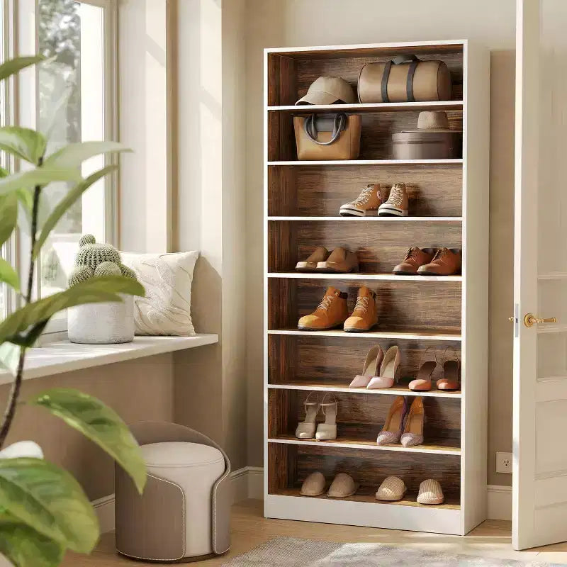 Meuble à chaussures 9 niveaux Lantine pour 32 paires, étagère à chaussures haute en bois avec étagères réglables pour salon, chambre, entrée, marron et blanc