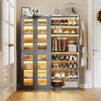 Meuble à chaussures vertical Lantine à 8 niveaux avec éclairage LED intégré et portes, armoire à chaussures avec crochets pour entrée, salon, chambre, gris