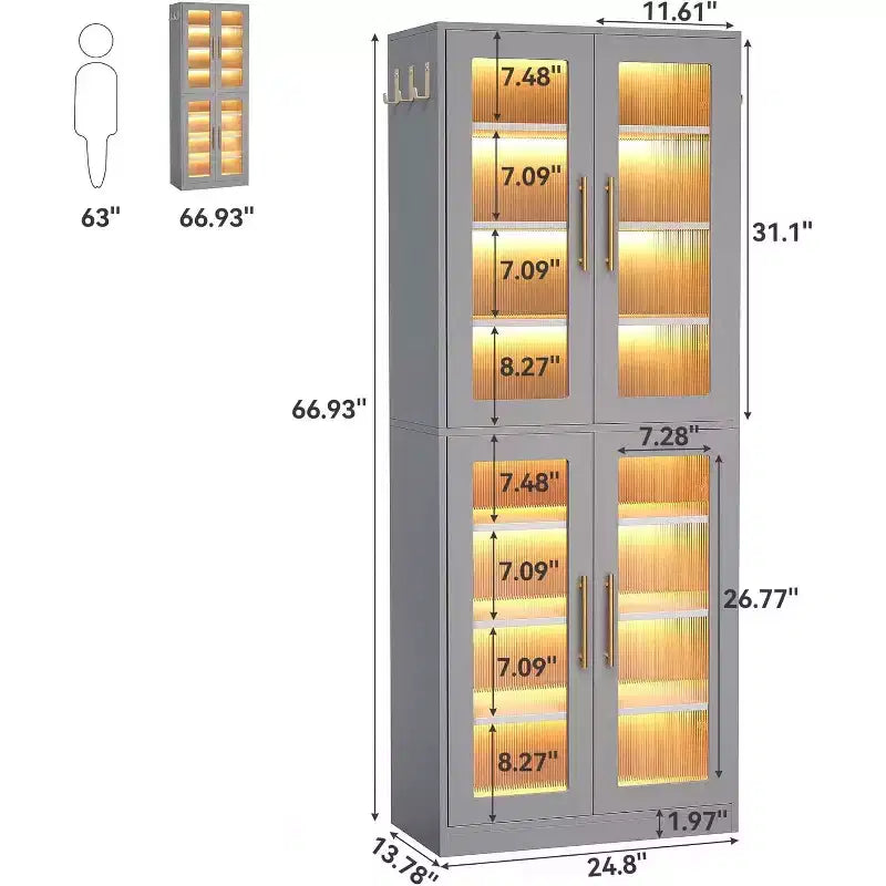 Meuble à chaussures vertical Lantine à 8 niveaux avec éclairage LED intégré et portes, armoire à chaussures avec crochets pour entrée, salon, chambre, gris