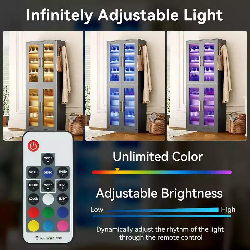 Meuble à chaussures vertical Lantine à 8 niveaux avec éclairage LED intégré et portes, armoire à chaussures avec crochets pour entrée, salon, chambre, gris