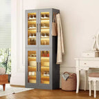 Meuble à chaussures vertical Lantine à 8 niveaux avec éclairage LED intégré et portes, armoire à chaussures avec crochets pour entrée, salon, chambre, gris