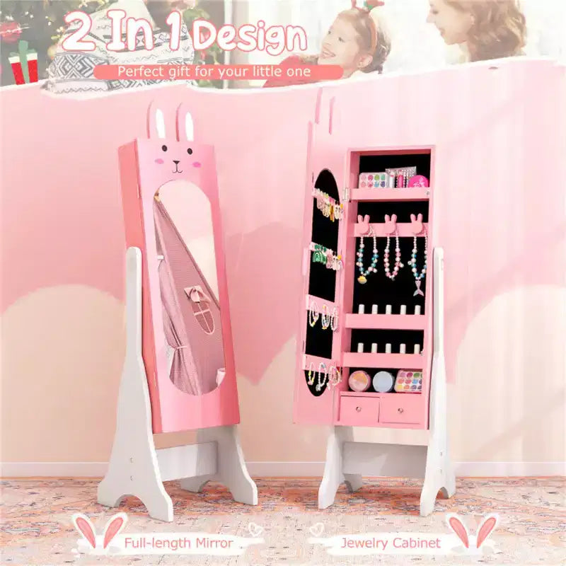 Ensemble coiffeuse rose pour enfants avec miroir et chaise, avec armoire à bijoux