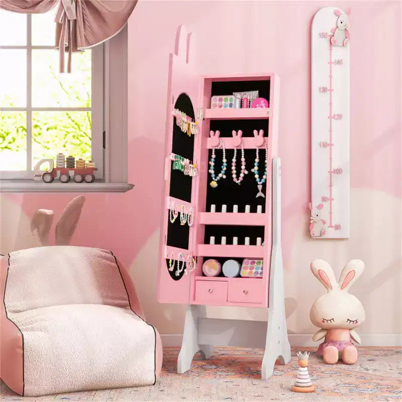 Ensemble coiffeuse rose pour enfants avec miroir et chaise, avec armoire à bijoux