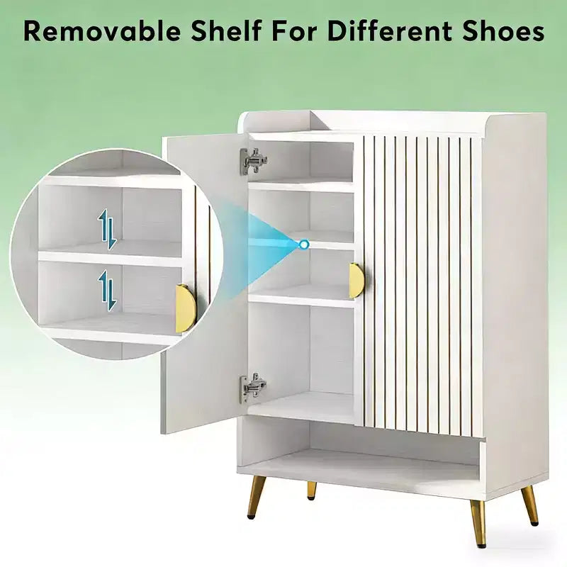 JVNOXK Range-chaussures 7 niveaux de 71 cm, style contemporain, étagères réglables, finition aspect bois, porte pivotante, blanc