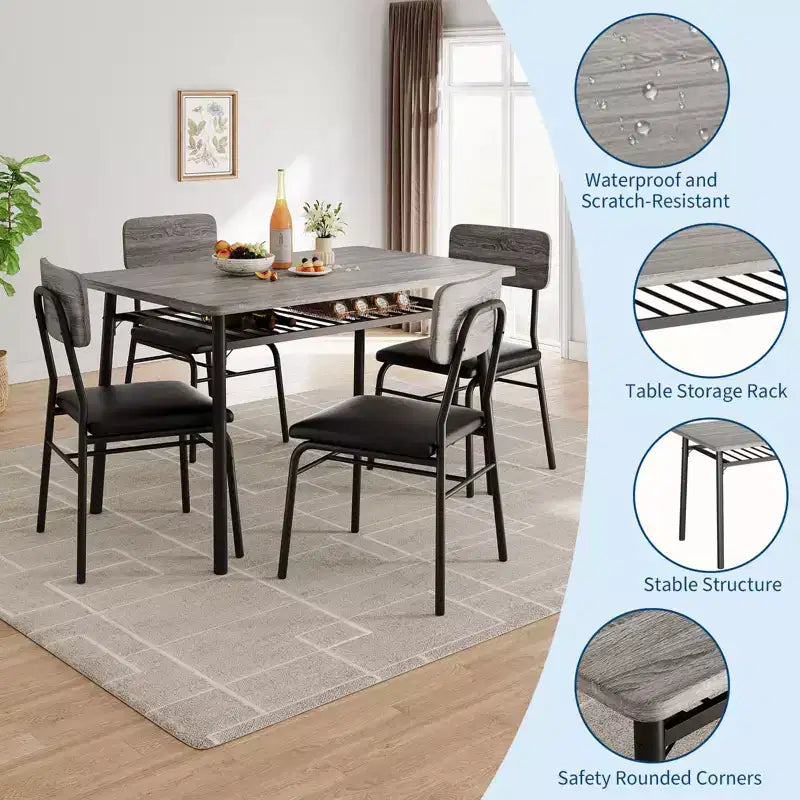 Ensemble table à manger pour 4 avec étagère de rangement, table de cuisine 5 pièces et 4 chaises rembourrées, plateau de table en bois et cadre métallique robuste, ensemble de salle à manger