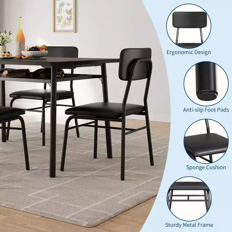 Ensemble table à manger pour 4 avec étagère de rangement, table de cuisine 5 pièces et 4 chaises rembourrées, plateau de table en bois et cadre métallique robuste, ensemble de salle à manger