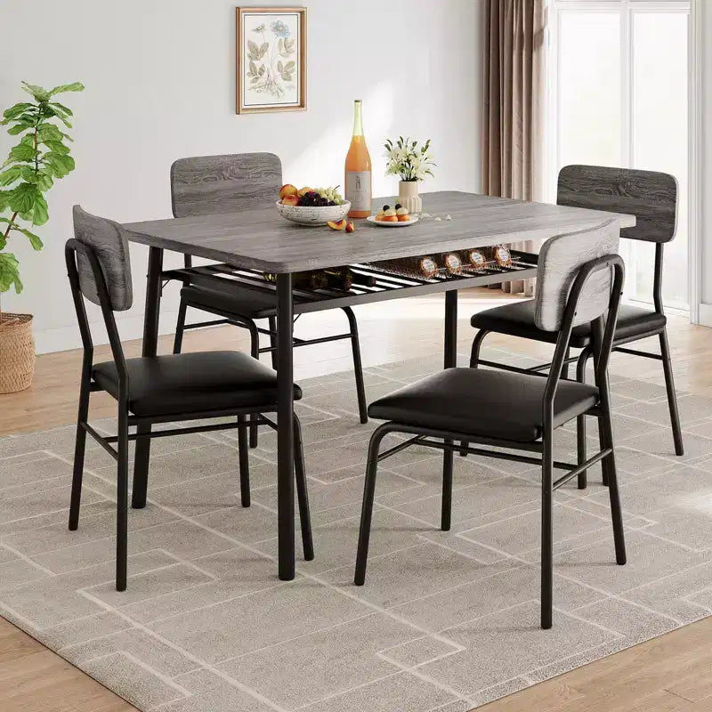 Ensemble table à manger pour 4 avec étagère de rangement, table de cuisine 5 pièces et 4 chaises rembourrées, plateau de table en bois et cadre métallique robuste, ensemble de salle à manger