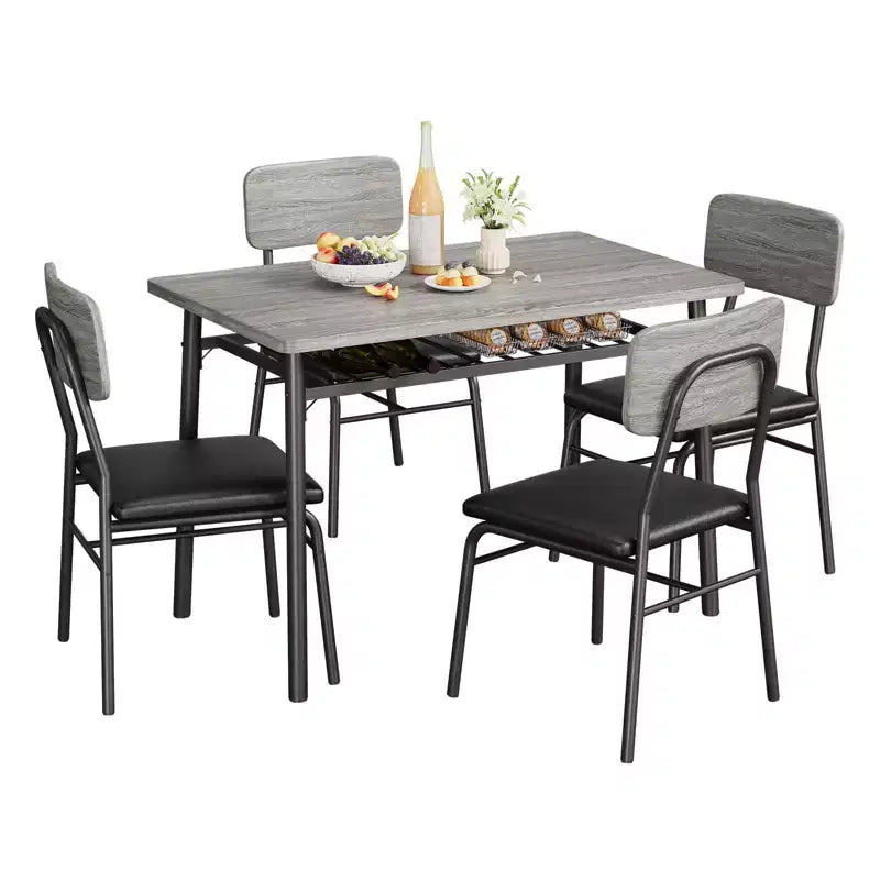 Ensemble table à manger pour 4 avec étagère de rangement, table de cuisine 5 pièces et 4 chaises rembourrées, plateau de table en bois et cadre métallique robuste, ensemble de salle à manger