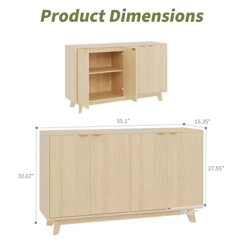 55,1 Bahut de buffet avec rangement, Crédence moderne à cannelures avec portes et étagères réglables, Table basse en bois pour salon