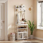 31.5 Wooden Hall Tree  Entryway Table with Coat Rack, 2-Tier Shoe Shelf, 7 Hooks & Mesh Cabinet for Foyer or Front Door