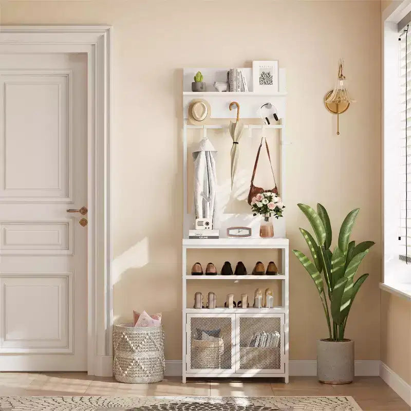 31,5 Arbre de hall en bois, table d'entrée avec porte-manteau, étagère à chaussures à 2 niveaux, 7 crochets et armoire en maille pour hall d'entrée ou porte d'entrée