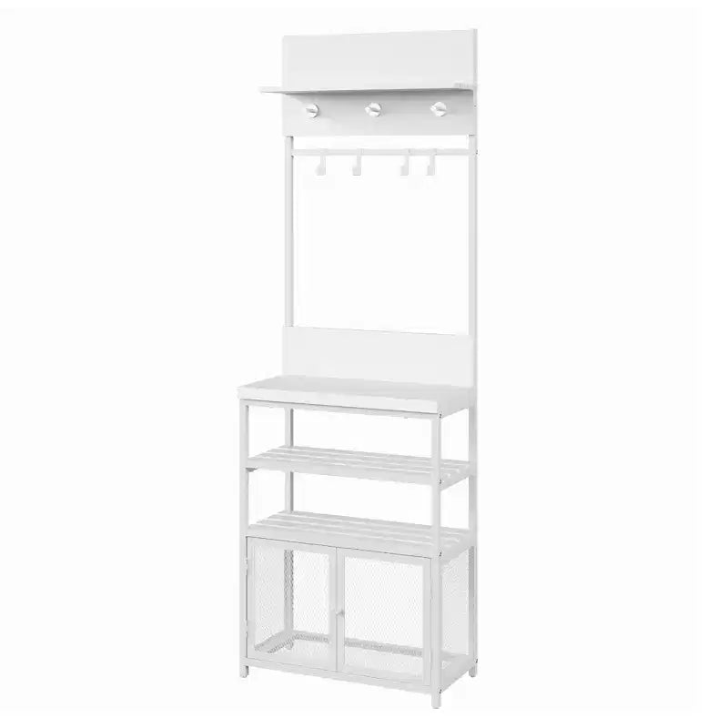 31,5 Arbre de hall en bois, table d'entrée avec porte-manteau, étagère à chaussures à 2 niveaux, 7 crochets et armoire en maille pour hall d'entrée ou porte d'entrée