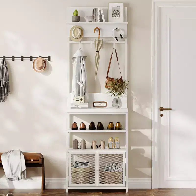 31,5 Arbre de hall en bois, table d'entrée avec porte-manteau, étagère à chaussures à 2 niveaux, 7 crochets et armoire en maille pour hall d'entrée ou porte d'entrée