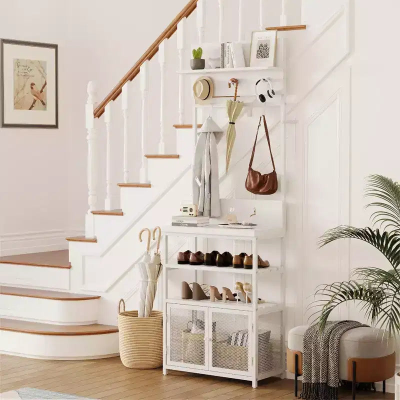 31,5 Arbre de hall en bois, table d'entrée avec porte-manteau, étagère à chaussures à 2 niveaux, 7 crochets et armoire en maille pour hall d'entrée ou porte d'entrée