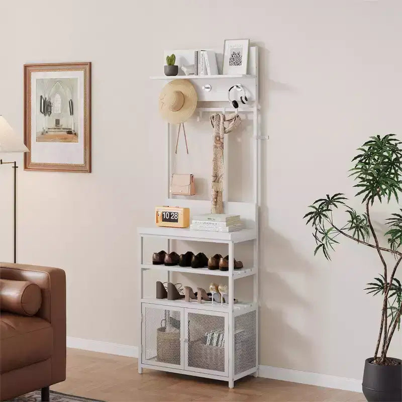 31,5 Arbre de hall en bois, table d'entrée avec porte-manteau, étagère à chaussures à 2 niveaux, 7 crochets et armoire en maille pour hall d'entrée ou porte d'entrée