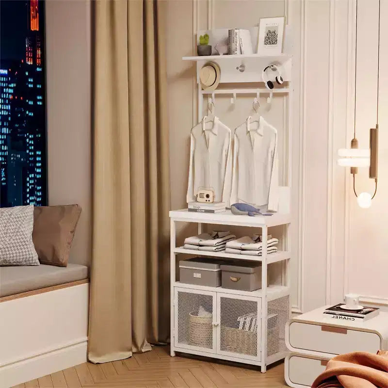 31,5 Arbre de hall en bois, table d'entrée avec porte-manteau, étagère à chaussures à 2 niveaux, 7 crochets et armoire en maille pour hall d'entrée ou porte d'entrée