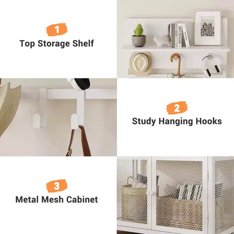 31,5 Arbre de hall en bois, table d'entrée avec porte-manteau, étagère à chaussures à 2 niveaux, 7 crochets et armoire en maille pour hall d'entrée ou porte d'entrée