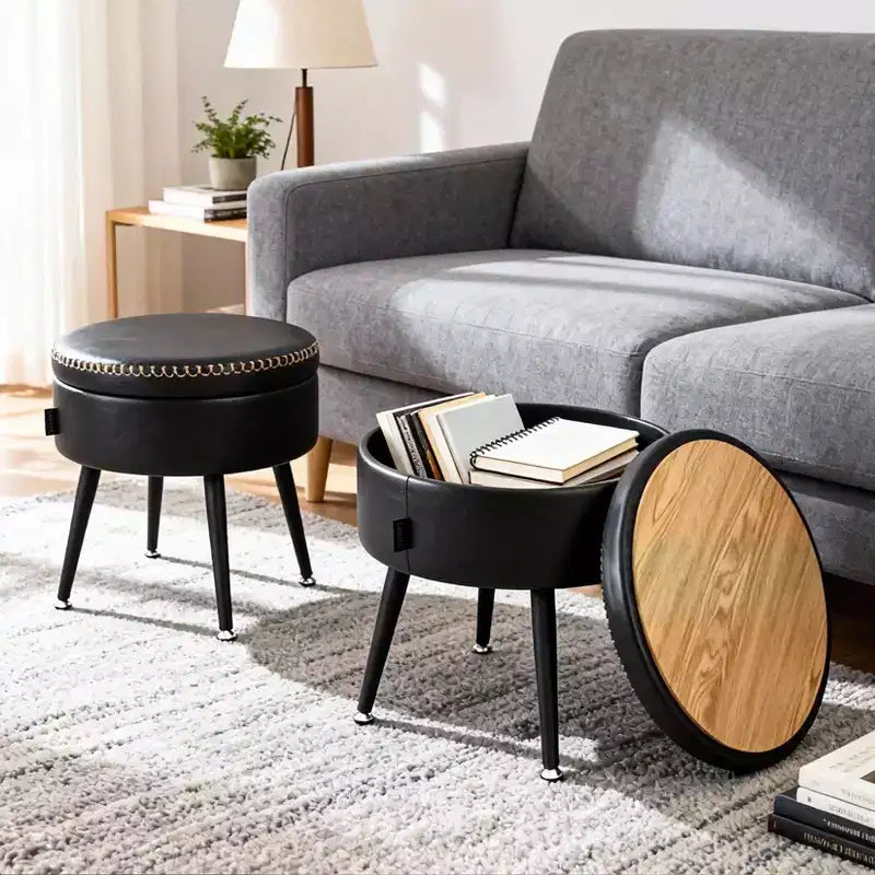 Modern Storage Ottoman & Vanity Stool - Multi-Functional Round Coffee Table, Multi-Functional Footrest & Bedroom Bench, Ink Black