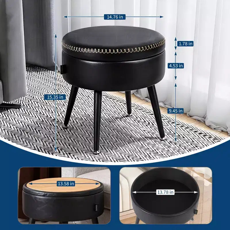 Ottoman de rangement moderne et tabouret de coiffeuse - Table basse ronde multifonctionnelle, Repose-pieds et banc de chambre multifonctionnels, Noir Encre