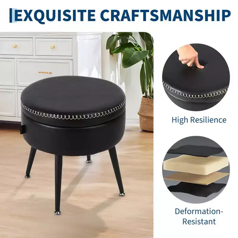 Ottoman de rangement moderne et tabouret de coiffeuse - Table basse ronde multifonctionnelle, Repose-pieds et banc de chambre multifonctionnels, Noir Encre