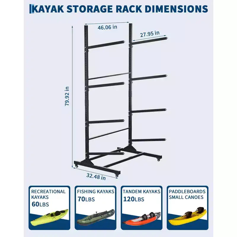 Support de rangement robuste pour 4 kayaks COZONY, support autoportant à 4 niveaux avec roues et sangles de suspension