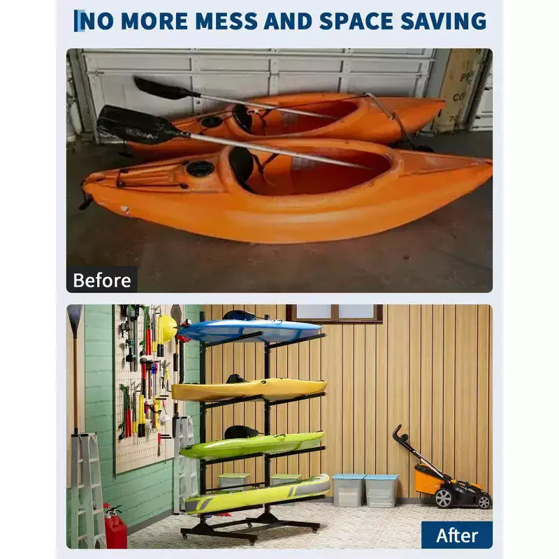 Support de rangement robuste pour 4 kayaks COZONY, support autoportant à 4 niveaux avec roues et sangles de suspension
