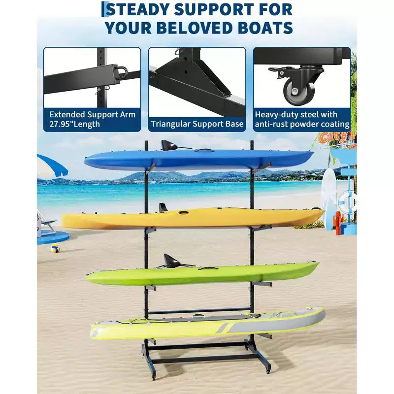 Support de rangement robuste pour 4 kayaks COZONY, support autoportant à 4 niveaux avec roues et sangles de suspension