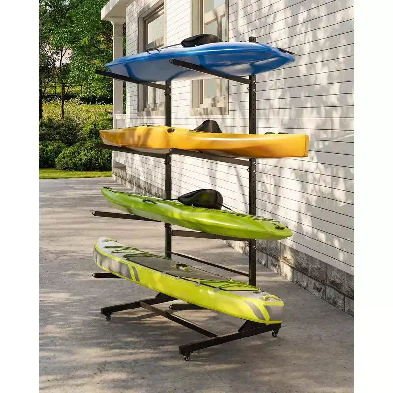 Support de rangement robuste pour 4 kayaks COZONY, support autoportant à 4 niveaux avec roues et sangles de suspension