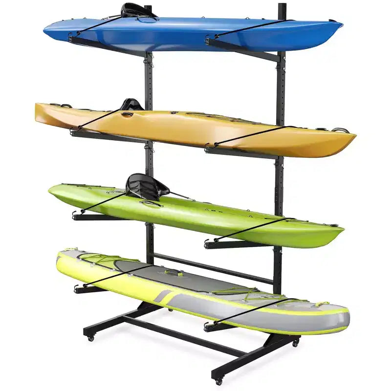 Support de rangement robuste pour 4 kayaks COZONY, support autoportant à 4 niveaux avec roues et sangles de suspension