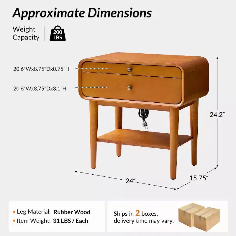 Table d'appoint Rudol 24" avec 2 tiroirs, lot de 2, avec station de charge intégrée | HULALA HOME