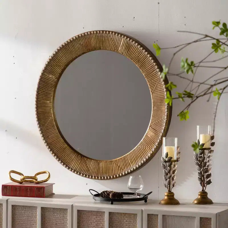 Miroir Mural Rond de Luxe de 31 po avec Cadre Texturé, Miroir Décoratif Bohème pour Salon, Entrée ou Couloir-Panipeachy