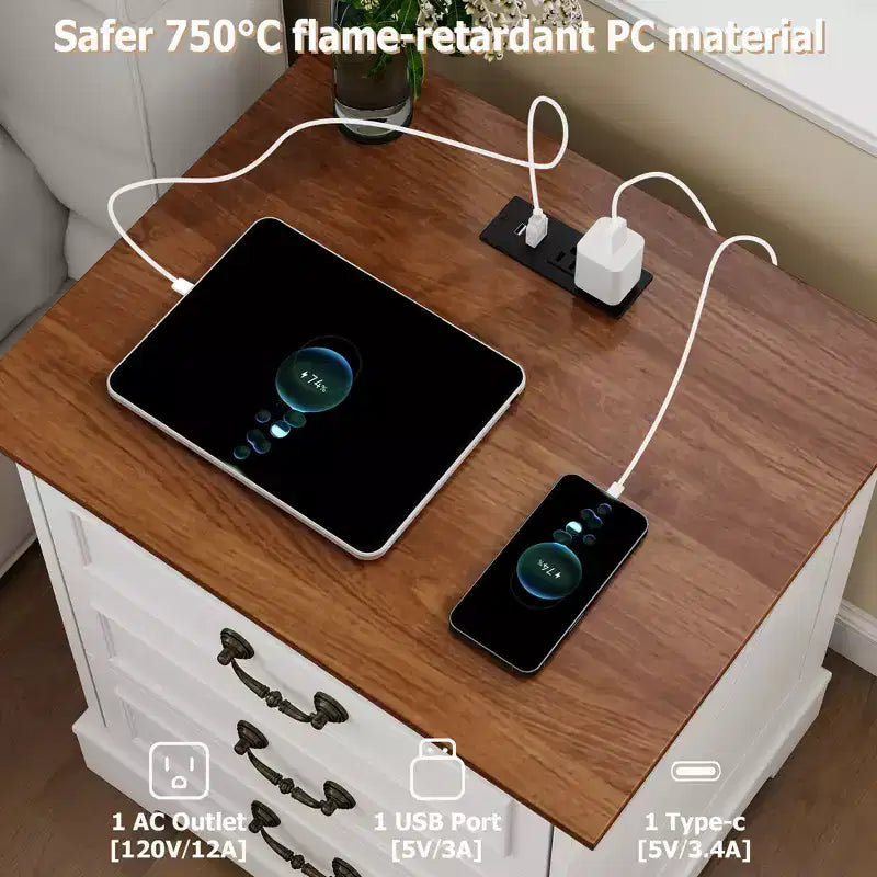 TYBOATLE Table de Chevet Blanche à 3 Tiroirs avec Station de Charge, Table de Chevet de Style Ferme avec Ports USB et Type-C, Grande Table d'Appoint pour Chambre à Coucher et Salon