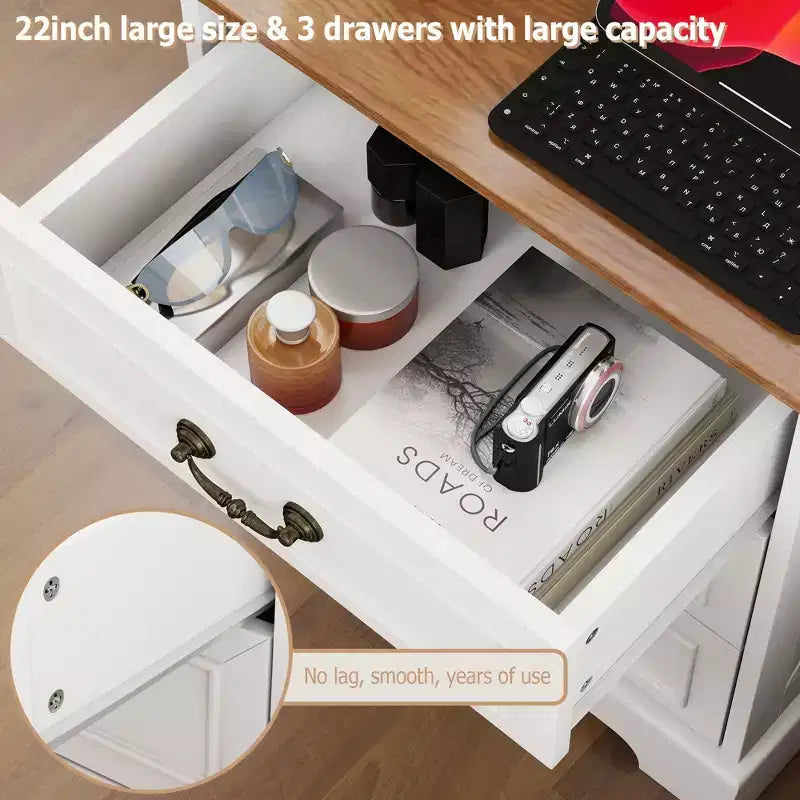 TYBOATLE Table de Chevet Blanche à 3 Tiroirs avec Station de Charge, Table de Chevet de Style Ferme avec Ports USB et Type-C, Grande Table d'Appoint pour Chambre à Coucher et Salon